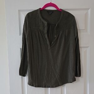 Lucky Brand Dark Olive 3/4 Sleeve Cotton Blouse